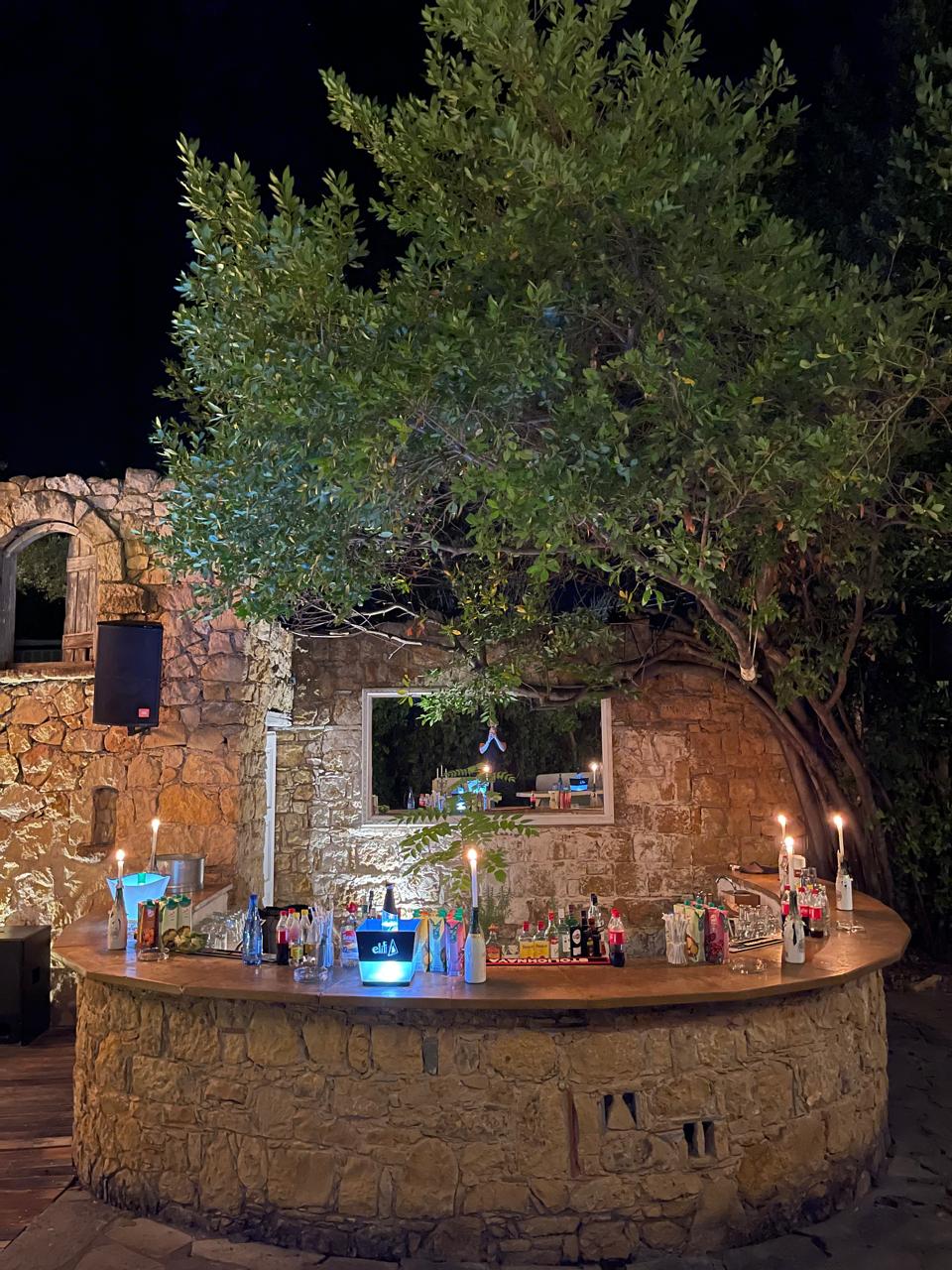 The exterior of Alekos — stone, plants, the way in